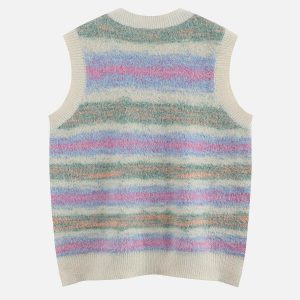 vibrant rainbow striped vest   youthful oversized fit 7090