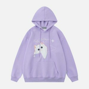 vibrant star cat hoodie edgy embroidery & youthful streetwear 1405