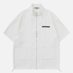 vibrant waffle zipper short sleeve shirt 5856