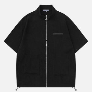 vibrant waffle zipper short sleeve shirt 5915