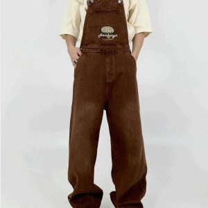 vintage burger embroidered jeans   chic suspender style 2552