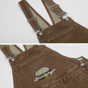 vintage burger embroidered jeans   chic suspender style 7643