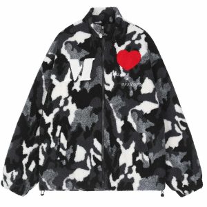 vintage camo sherpa coat with love embroidery iconic design 6036