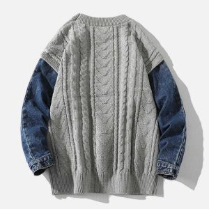 vintage denim patchwork sweater   chic urban appeal 1115