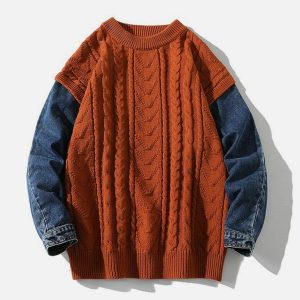 vintage denim patchwork sweater   chic urban appeal 1841