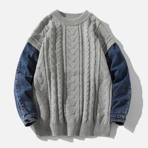 vintage denim patchwork sweater   chic urban appeal 2530