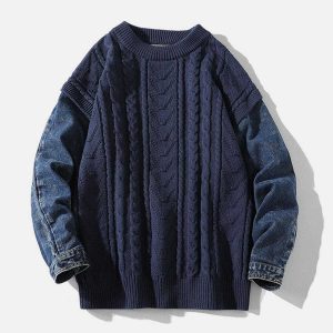 vintage denim patchwork sweater   chic urban appeal 7456