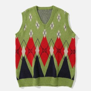 vintage diamond knit vest sweater iconic & youthful style 1590