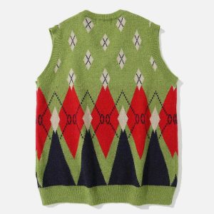 vintage diamond knit vest sweater iconic & youthful style 2491