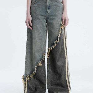 vintage distressed patchwork jeans   edgy urban style 6678