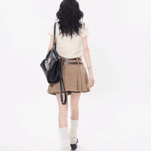 vintage double belt suede skirt   chic retro streetwear 5381