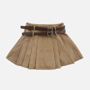 vintage double belt suede skirt   chic retro streetwear 8584