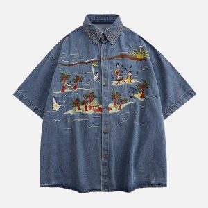 vintage embroidered denim shirt chic short sleeve design 7513