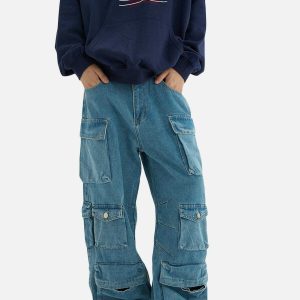 vintage multi pocket jeans   chic & youthful urban style 3401