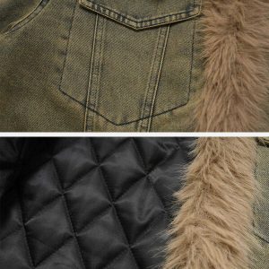 vintage patchwork denim jacket   chic faux fur detail 1433