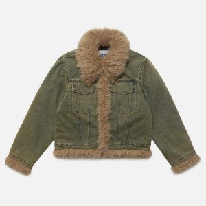 vintage patchwork denim jacket   chic faux fur detail 4733