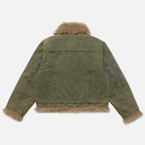 vintage patchwork denim jacket   chic faux fur detail 5141