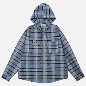 vintage plaid hooded shirt   chic & youthful streetwear 5429