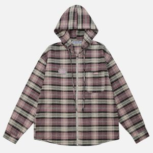 vintage plaid hooded shirt   chic & youthful streetwear 8687