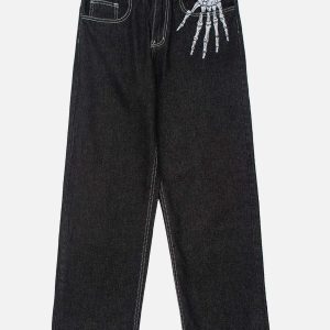 vintage skull embroidered jeans edgy urban appeal 8037