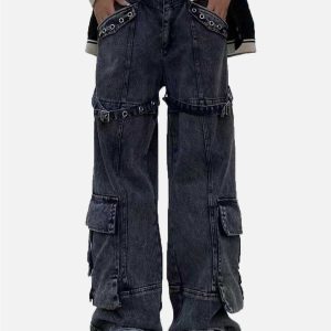 vintage washed denim cargo jeans   chic urban appeal 7626