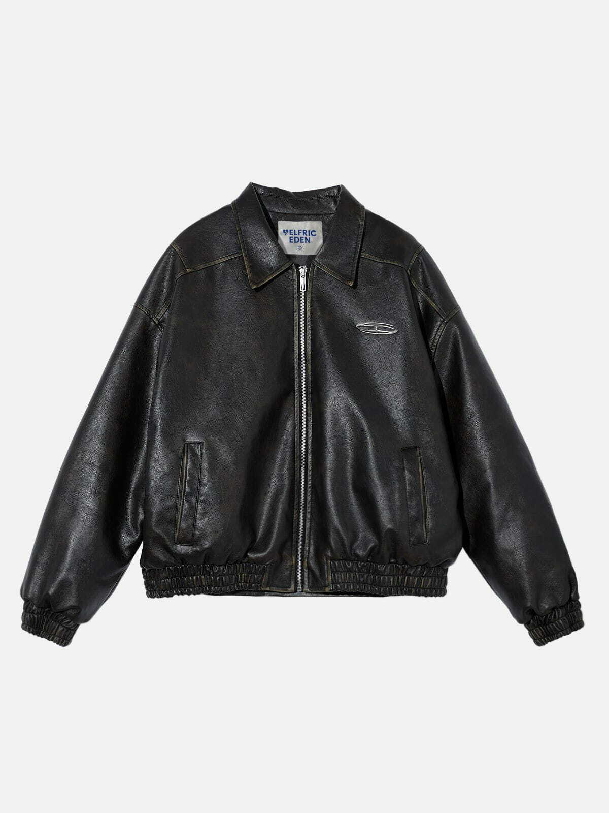 vintage washed faux leather jacket edgy & retro streetwear 3088