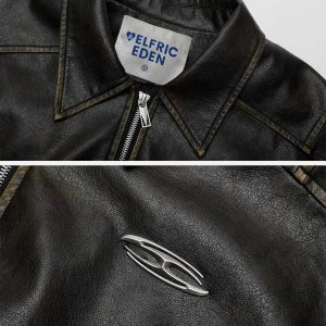 vintage washed faux leather jacket edgy & retro streetwear 8959
