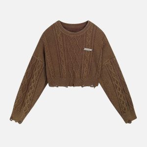 vintage washed jacquard sweater edgy raw edge detail 1534