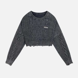 vintage washed jacquard sweater edgy raw edge detail 1571