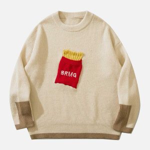youthful 3d fries print sweater   quirky & fun streetwear 3526