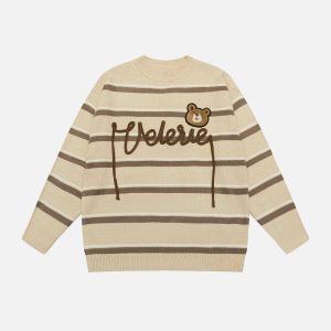 youthful bear letter stripe sweater embroidered design 3493