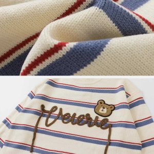 youthful bear letter stripe sweater embroidered design 5585