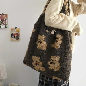 youthful bear pattern sherpa bag   cozy & trendy accessory 1474