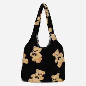 youthful bear pattern sherpa bag   cozy & trendy accessory 3684