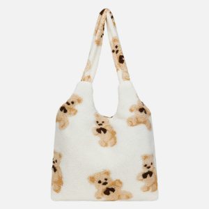youthful bear pattern sherpa bag   cozy & trendy accessory 3689