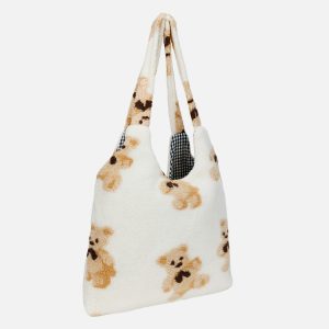 youthful bear pattern sherpa bag   cozy & trendy accessory 6696
