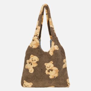 youthful bear pattern sherpa bag   cozy & trendy accessory 6723
