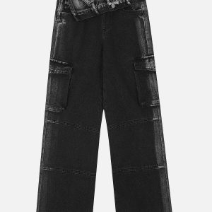 youthful big pocket jeans   irregular waist & urban chic 7322