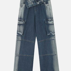youthful big pocket jeans   irregular waist & urban chic 8694