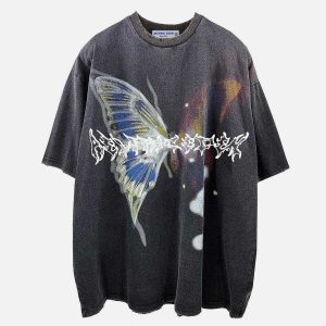 youthful butterfly print tee   washed & irregular design 5783