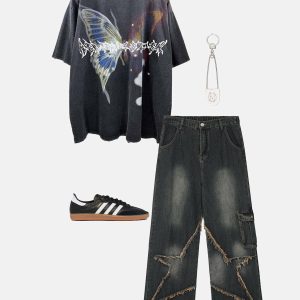 youthful butterfly print tee   washed & irregular design 5871