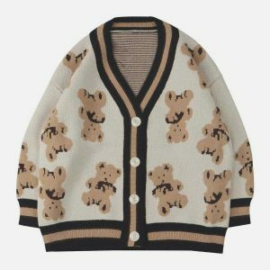 youthful cartoon bear cardigan   knit streetwear charm 5930