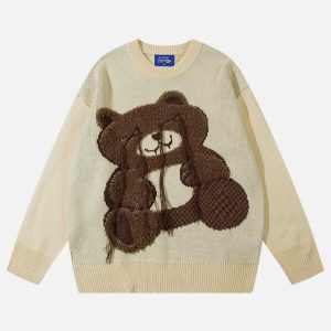 youthful cartoon bear sweater with chic tassels 5072