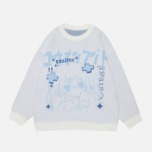 youthful cartoon girl print sweater   chic & playful design 2010