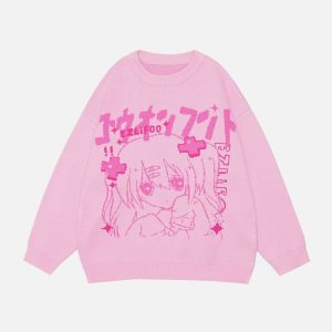 youthful cartoon girl print sweater   chic & playful design 6929