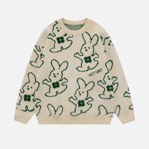youthful cartoon rabbit embroidered sweater   chic & cozy 8123