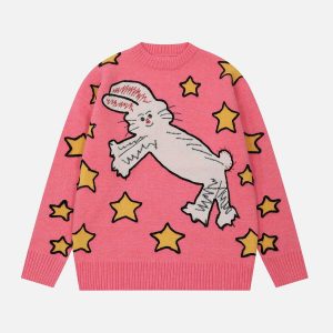 youthful cartoon rabbit sweater   quirky & cozy style 3866