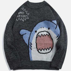 youthful cartoon shark knit sweater   trendy & playful design 4378