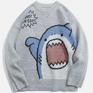 youthful cartoon shark knit sweater   trendy & playful design 8730
