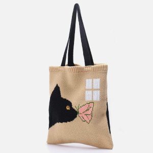 youthful cat & butterfly knit bag   quirky streetwear charm 5439